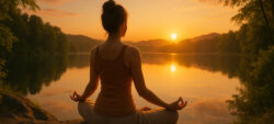 Meditation einer Frau im Wald am See
