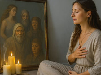 Spiegelmeditation – KI-Illustration einer Frau vor einem Spiegel mit historischen Gestalten