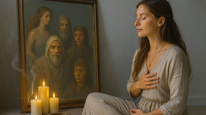 Spiegelmeditation – KI-Illustration einer Frau vor einem Spiegel mit historischen Gestalten