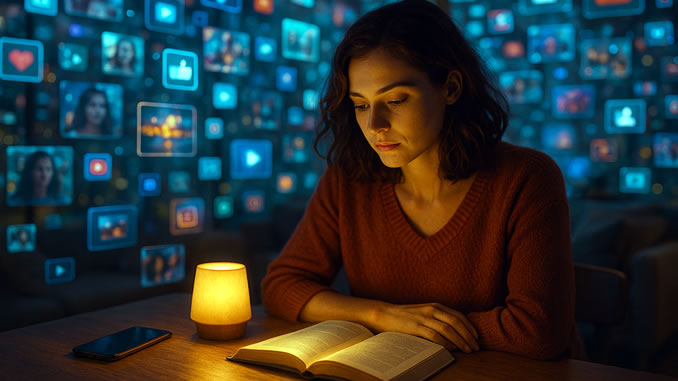 eine Frau liest ruhig ein Buch vor dem Hintergrund von social Media Symbolen