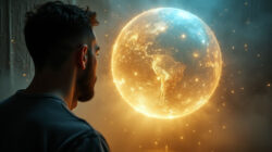 Holographisches Weltbild als symbolisches KI-Motiv: Mann betrachtet eine leuchtende Weltkugel