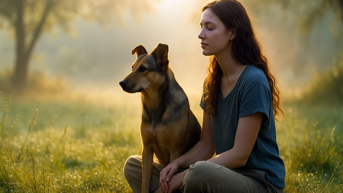 Frau mit Hund in der Natur in einer Mediation