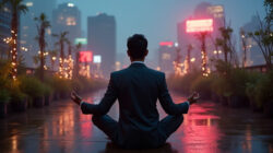 Meditation und Achtsamkeit: Mann im Anzug sitzt meditierend vor einer beleuchteten Stadtkulisse