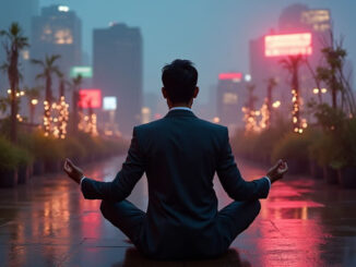 Meditation und Achtsamkeit: Mann im Anzug sitzt meditierend vor einer beleuchteten Stadtkulisse