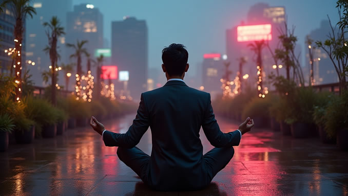 Meditation und Achtsamkeit: Mann im Anzug sitzt meditierend vor einer beleuchteten Stadtkulisse