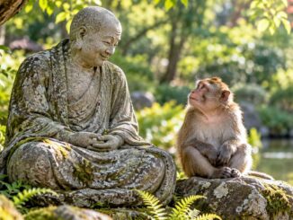 Neugieriger Affe neben lächelnder Steinmönchfigur im sonnigen Garten