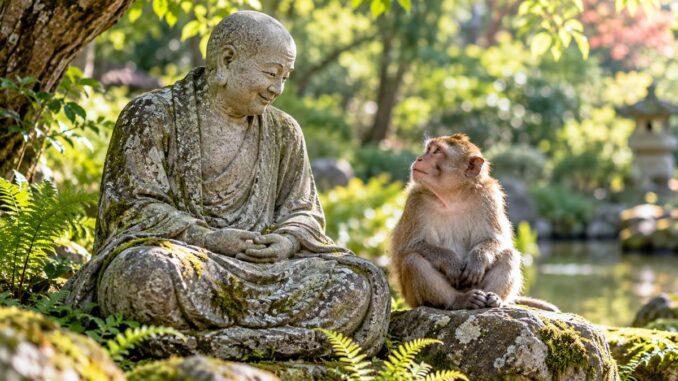 Neugieriger Affe neben lächelnder Steinmönchfigur im sonnigen Garten