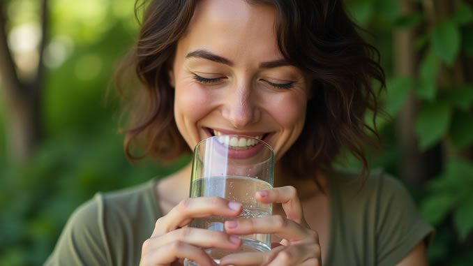 eine Frau trinkt mit Freude ein Glas Wasser