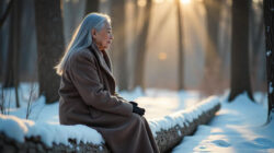 Wünschen und Vertrauen alte Frau im Schnee sitzt auf einem Baumstamm