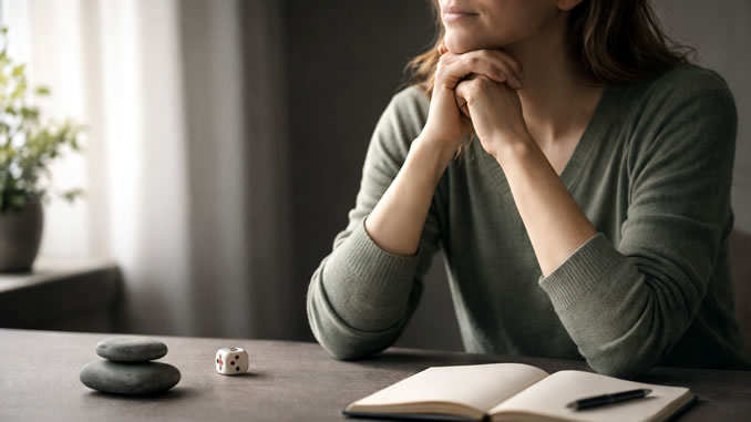 eine Frau sitzt am Schreibtisch mit Block und Würfel