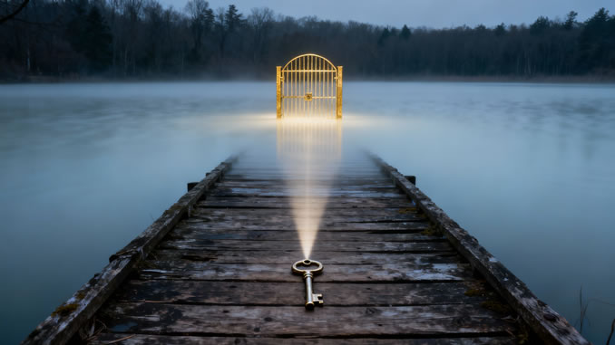 Ziel ankommen und weitergehen goldenes Tor am Ende eines Wassersteges