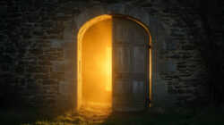Gefallene Engel mystisches Tor mit warmem Licht dahinter