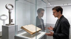 Okkulte Literatur Mann mit altem Buch und großem Schlüssel im Museum