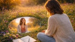 Spirituelle Bedeutung von Krisen sitzende Frau auf einher Wiese vor einem Spiegel