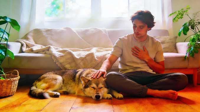Mann fühlt sich in seinen Hund ein