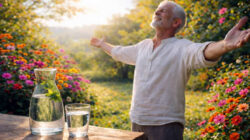 Fasten für die Seele Fröhlicher Mann bei Wasser Trinken