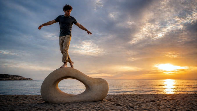 Balance an Strandskulptur bei Sonnenuntergang