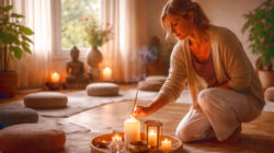 geschützter Raum für Meditation Leiterin bereitet Meditationsraum vor