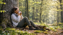 Naturkosmetik Trend Frau sitzt am Baum und trinkt Tee