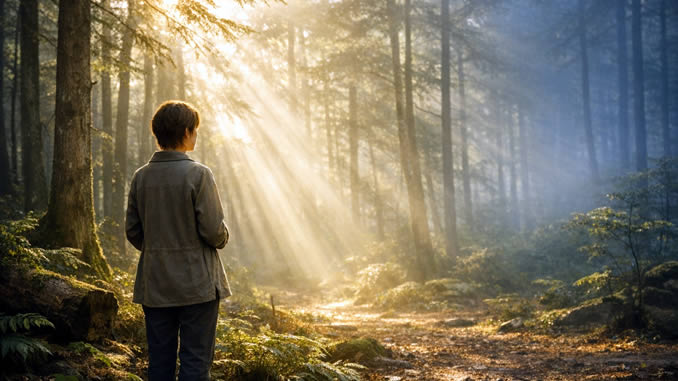 Frau im Wald mit mystischer Erfahrung