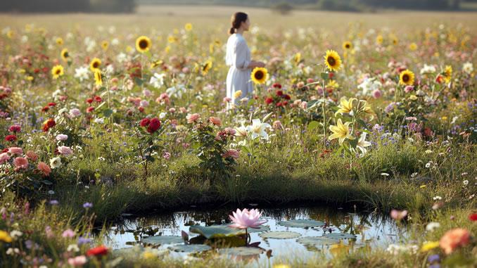 weite Sommerwiese mit-verschiedenen Blumenarten