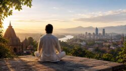 Symbolbild zu Paramahansa Yogananda: Meditation mit Blick auf Tempel und Stadt