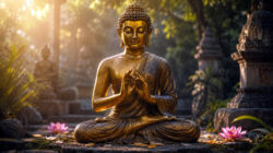 Anhaftung verstehen Goldener Buddha im Garten des Friedens