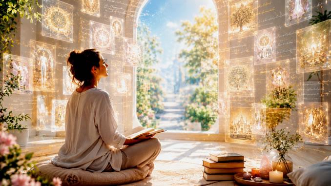 Frau in Meditation mit der Akasha Chronik