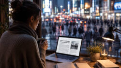 Warum Abonnenten wichtig sind: KI-Illustration einer Frau, die am Laptop einen Artikel vor einem Stadtfenster liest