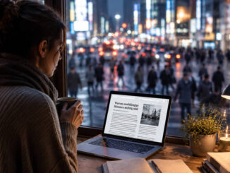 KI-Illustration: Eine Frau liest am Laptop einen Artikel vor einem Fenster mit Blick auf eine belebte Stadtstraße.