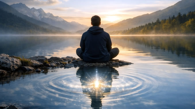 Mann sitzt am See im Licht