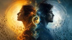 Weibliche und männliche Energie: symbolische Profile in goldenem und blauem Licht