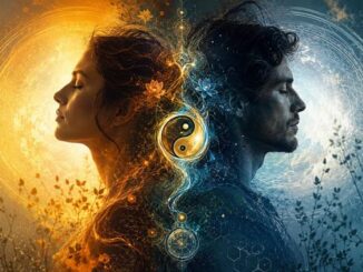Weibliche und männliche Energie: symbolische Profile in goldenem und blauem Licht