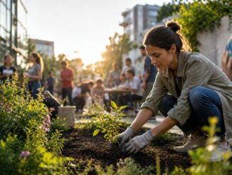Städtischer Garten bei goldener Stunde