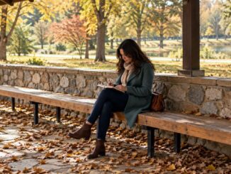 Selbstreflexion lernen Lesende Frau im Herbstpavillon