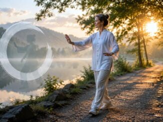 Frau praktiziert Tai-Chi am stillen See
