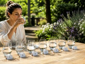 eine Frau kostet aus sieben Gläsern Wasser
