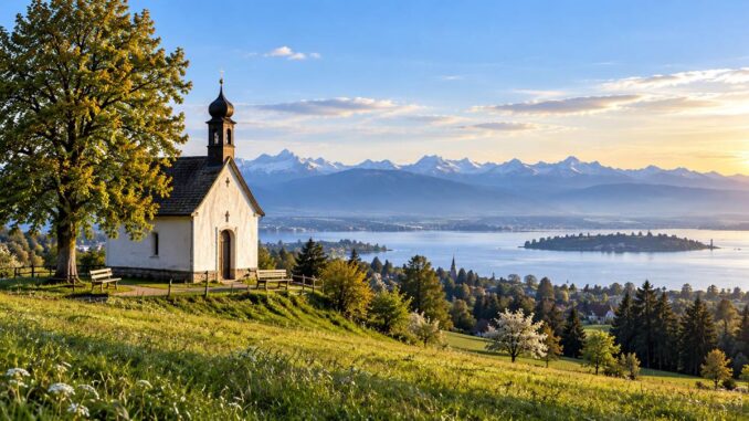 Kraftorte bei Lindau Kapelle über dem See mit Alpenblick