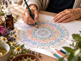 eine Frau malt ein Mandala
