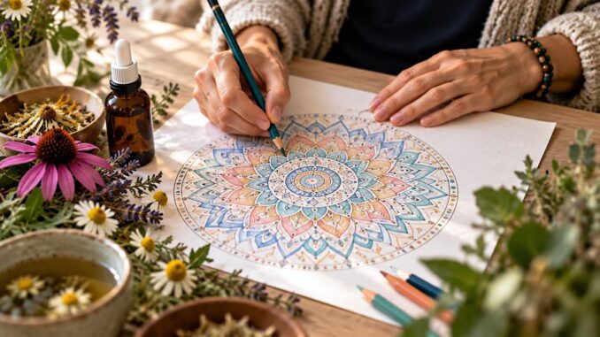 eine Frau malt ein Mandala