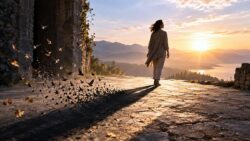 Transformation durch Angst: Frau im Licht, ein Schatten hinter ihr löst sich auf