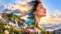 Lichtmeditation: Illustration einer Frau mit geschlossenen Augen vor Bergen und See