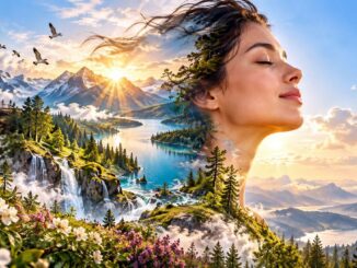 Lichtmeditation: Illustration einer Frau mit geschlossenen Augen vor Bergen und See