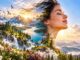 Lichtmeditation: Illustration einer Frau mit geschlossenen Augen vor Bergen und See