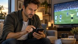 Illusion der Kontrolle Nachdenklicher Fußballabend am Smartphone