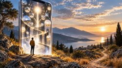 Algorithmen und Spiritualität: Eine Person steht vor einem symbolischen Smartphone-Portal mit leuchtenden Mustern.