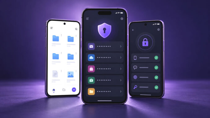 Drei Smartphones zeigen Passwortverwaltung, Dateiablage und digitale Sicherheitsfunktionen