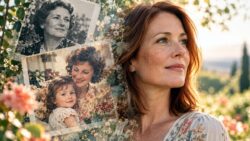 Frauenporträt in Doppelbelichtung mit alten Familienfotos und Gartenlicht