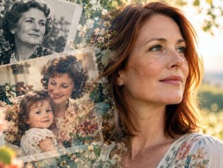 Frauenporträt in Doppelbelichtung mit alten Familienfotos und Gartenlicht