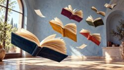 Autoren - Aufgeschlagene Bücher schweben durch einen lichtdurchfluteten Raum